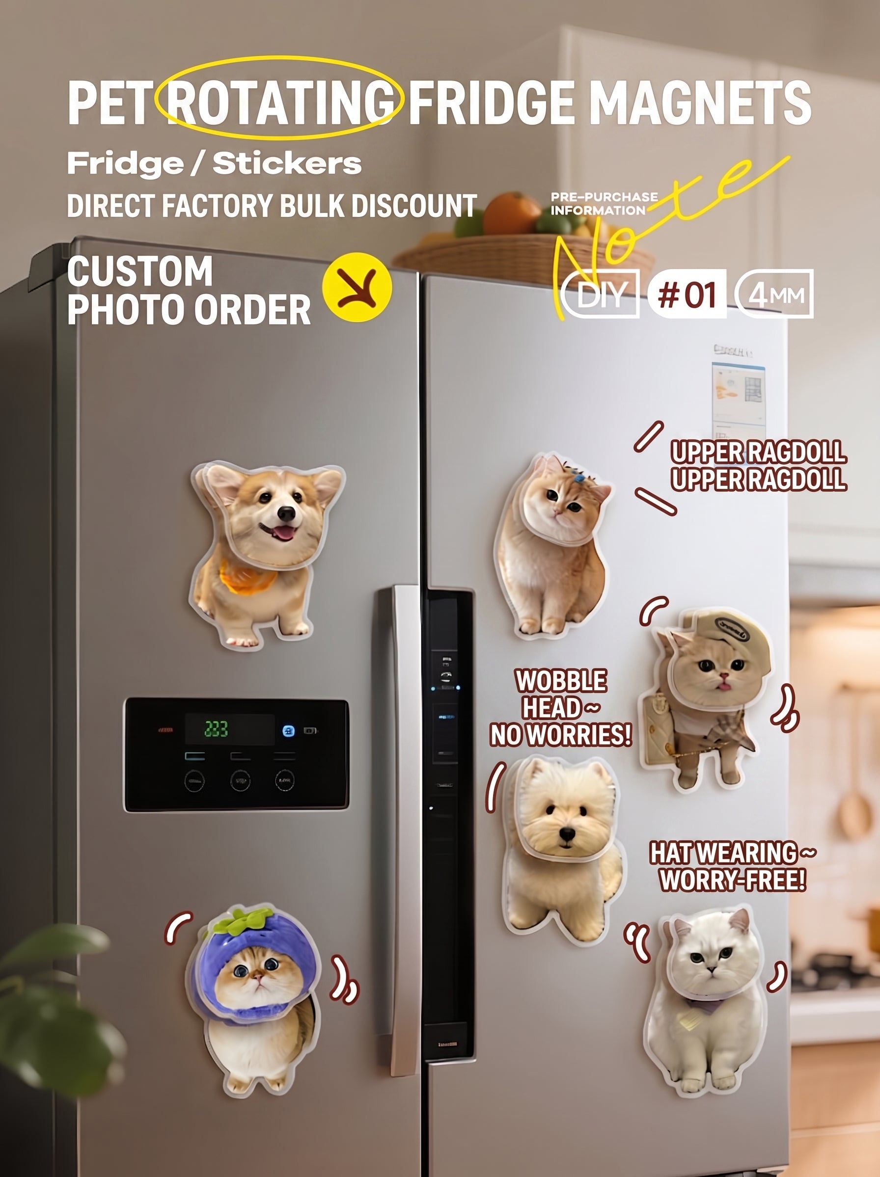 Custom Pet Photo Spinning Fridge Magnet | Personalized Acrylic Cat & Dog Rotating Decor